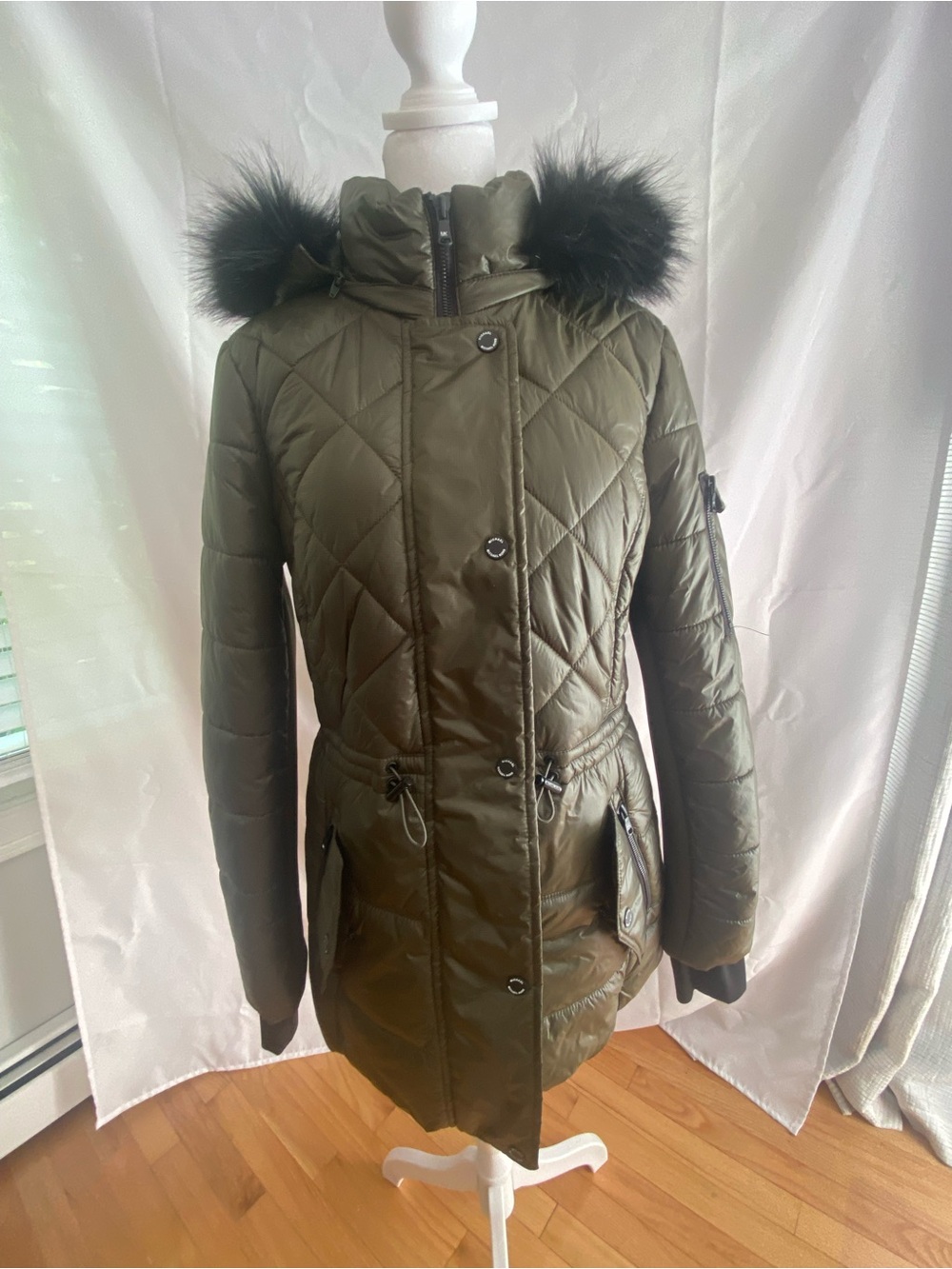 MICHAEL Michael Kors Olive Green Quilted Puffer with Black Faux Fur Hood Trim
